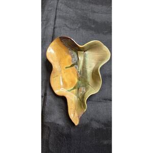 Signed Pottery Leaf Dish Blue Brown Green
